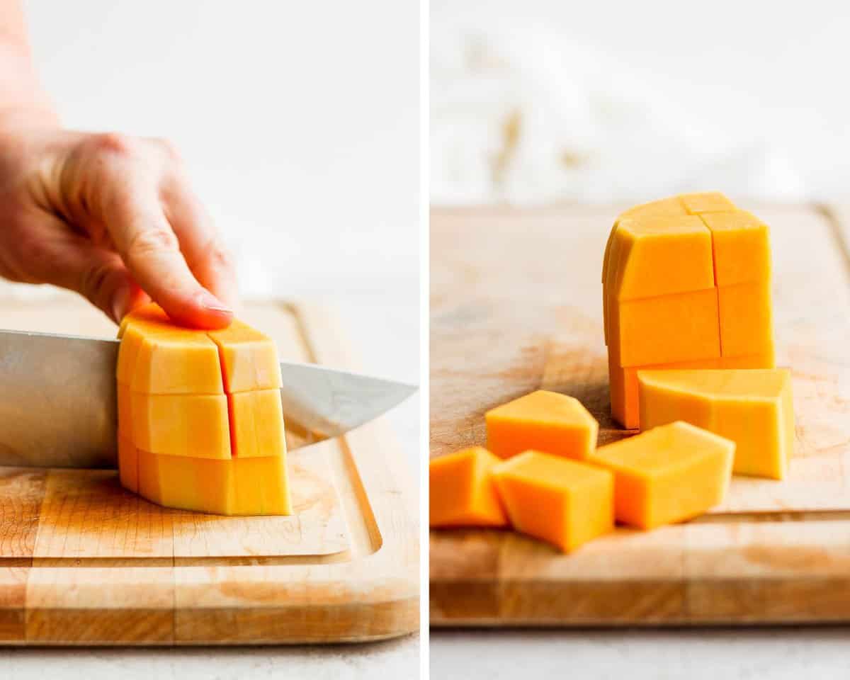 Slices of butternut squash being cut into cubes.