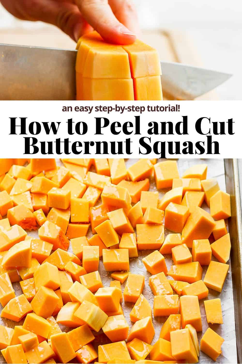 Pinterest image for how to cut and peel butternut squash.