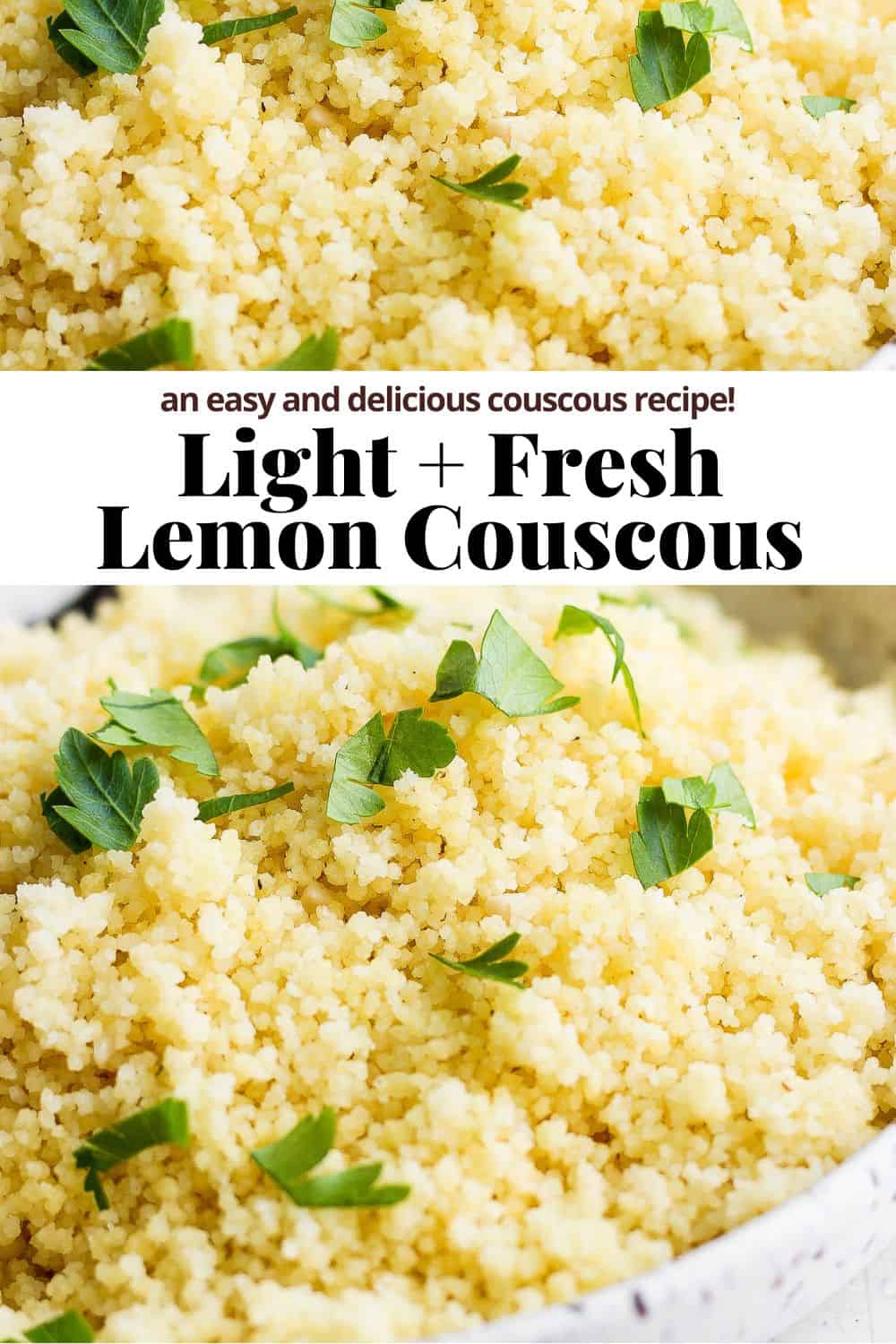 Pinterest image showing a photo of cooked couscous and the recipe title.