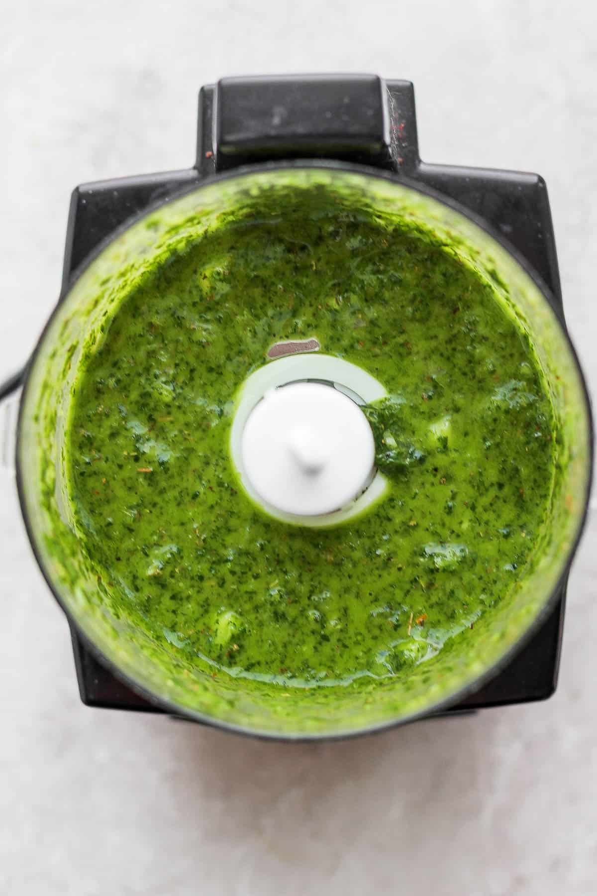 All of the chimichurri ingredients blended in the food processor.