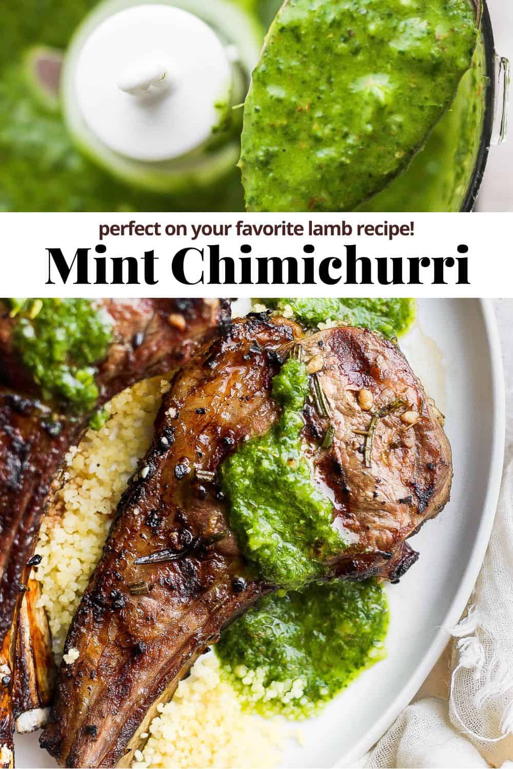 Pinterest image showing a spoonfull of mint chimichurri, the recipe title, and the sauce drizzled over lamb chops.