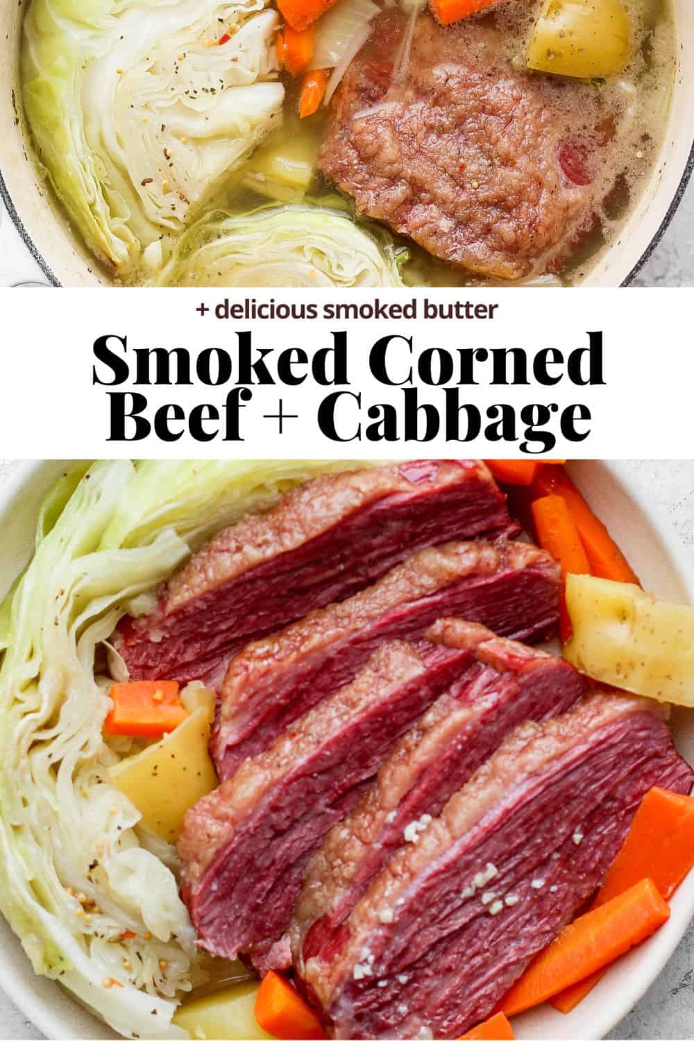 Pinterest image for smoked corned beef and cabbage.