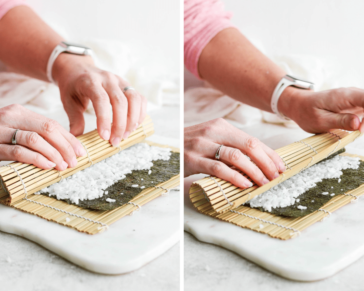 Two images showing two hands pulling and tightening an avocado roll in a bamboo mat.