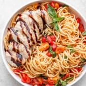 An easy chicken bruschetta pasta recipe.