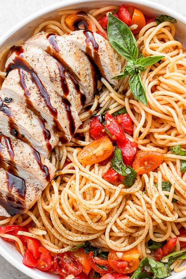An easy chicken bruschetta pasta recipe.
