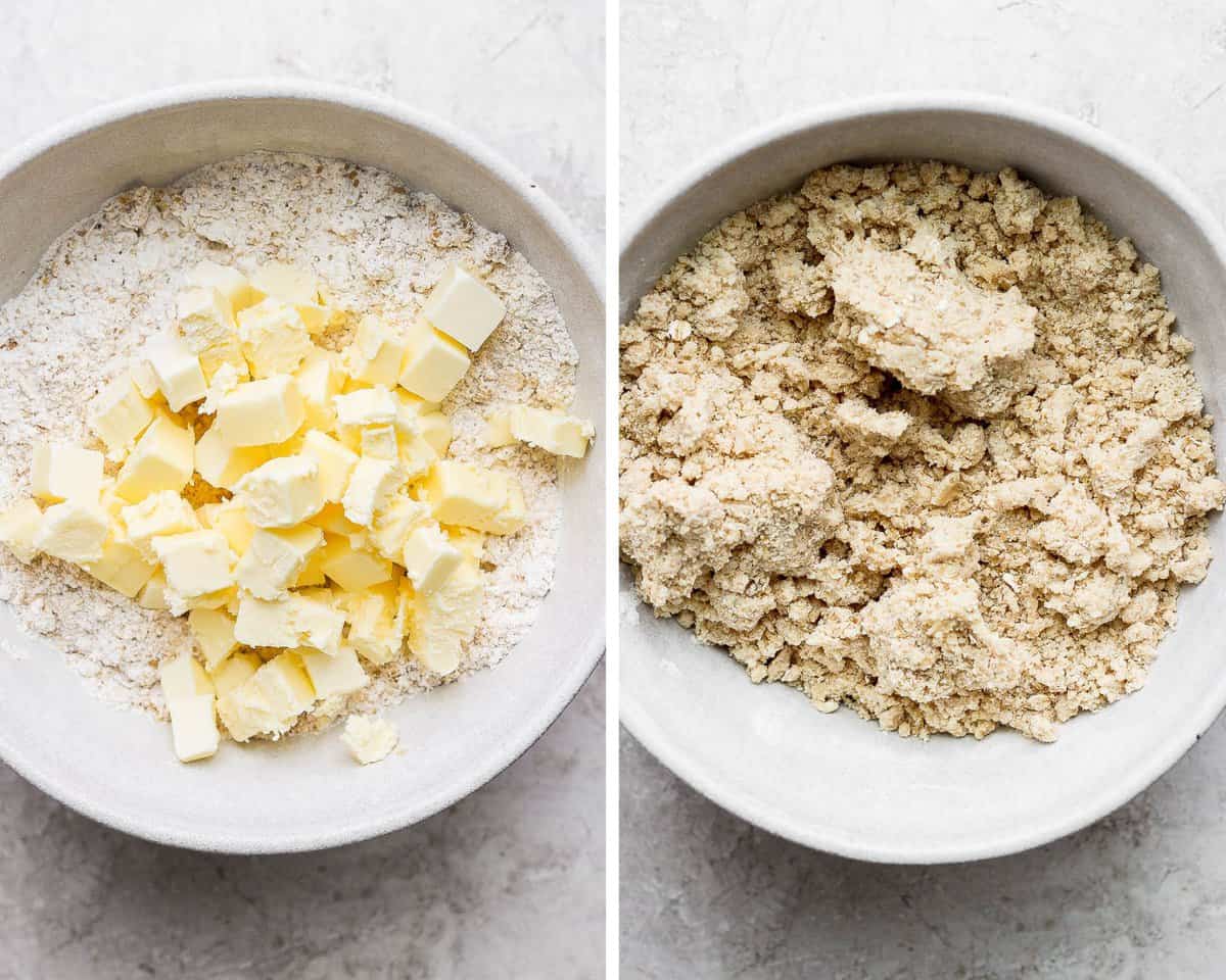 Two images showing the butter added to the bowl and then cut into the mixture with a fork.