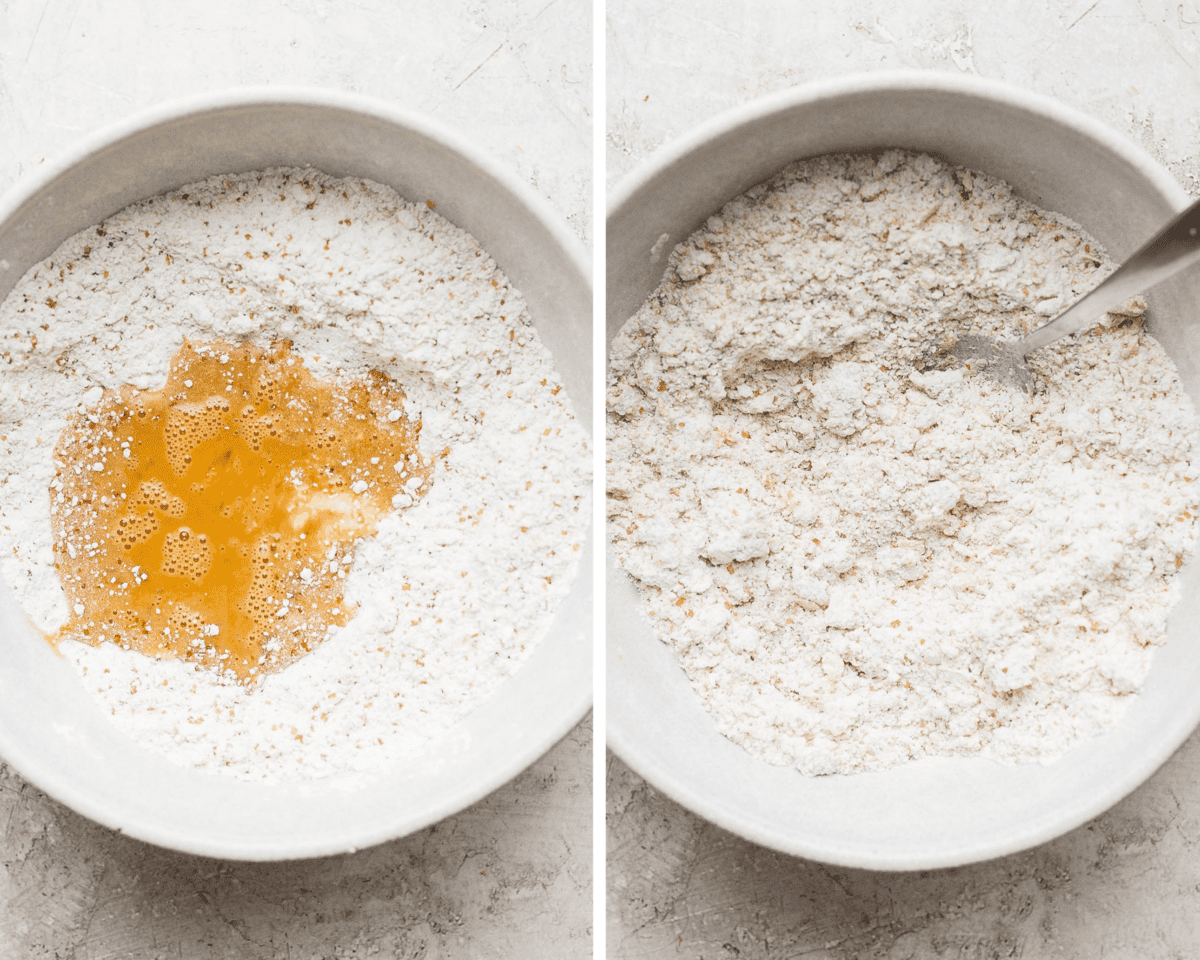 Two images showing the egg/vanilla extract mixture added to the dry ingredients and then mixed together.