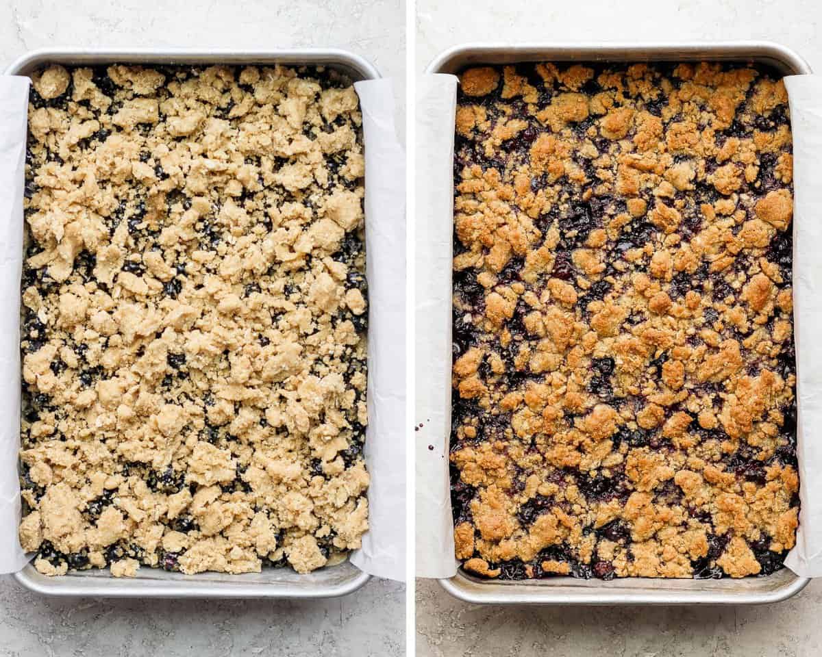 Two images showing the blueberry crumb bars before baking and then after baking.