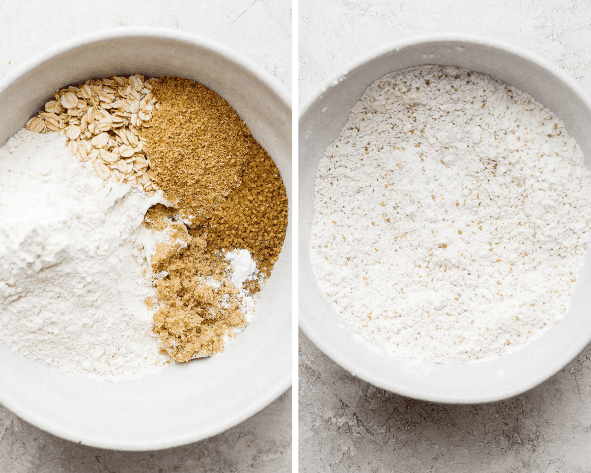 Two images showing the dry ingredients in a mixing bowl and then mixed together.