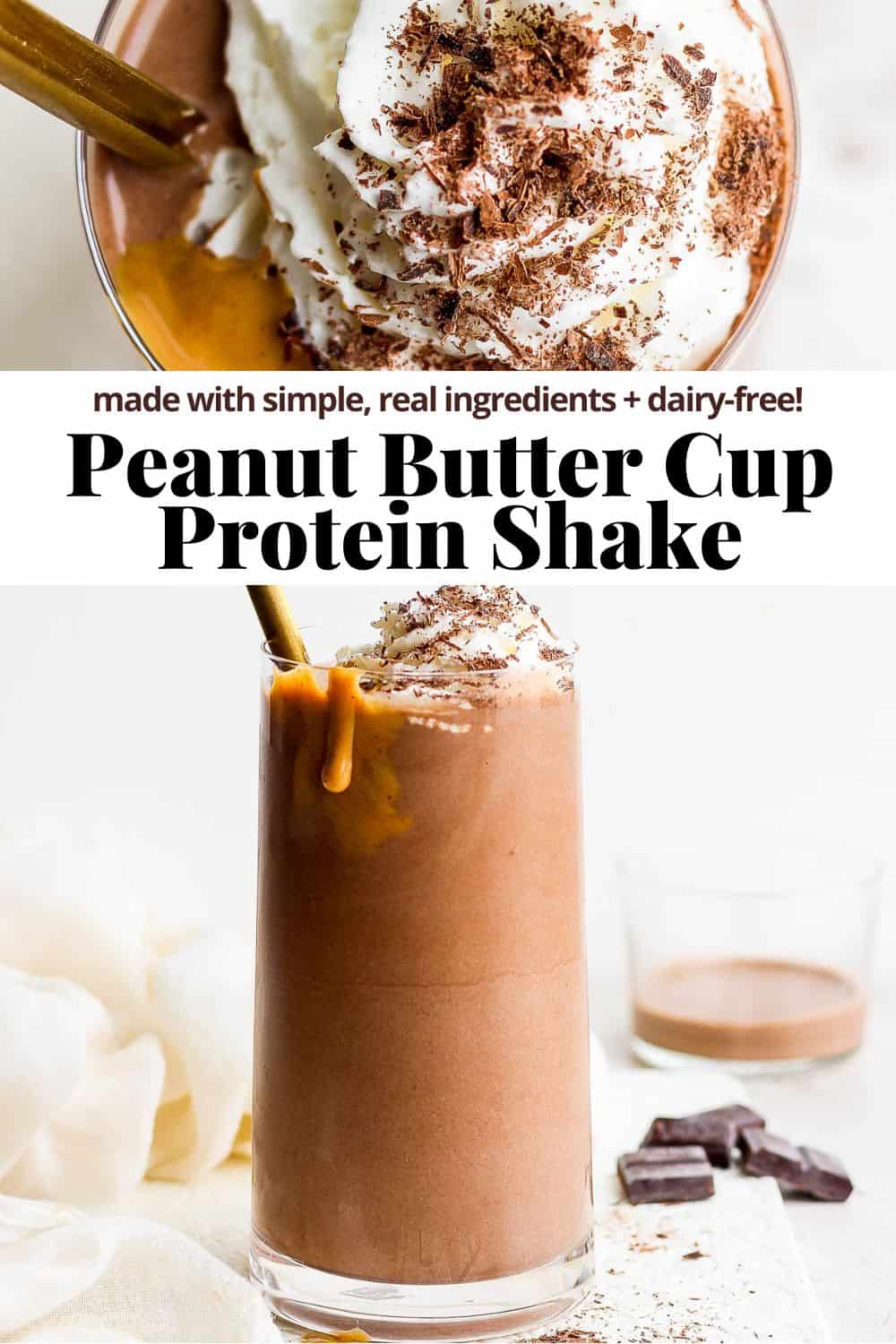 Pinterest image showing a chocolate protein shake with the recipe title.