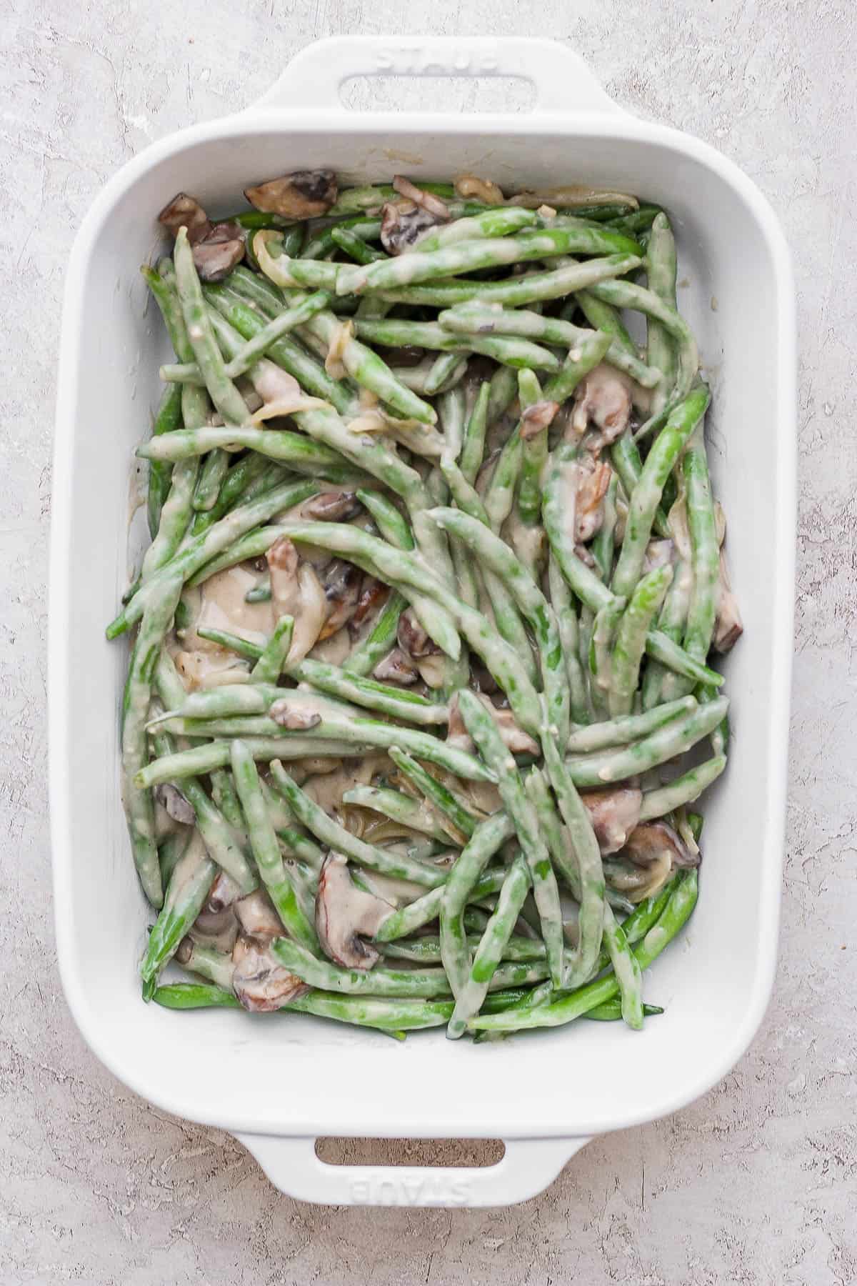 A fully combined green bean casserole before baking.