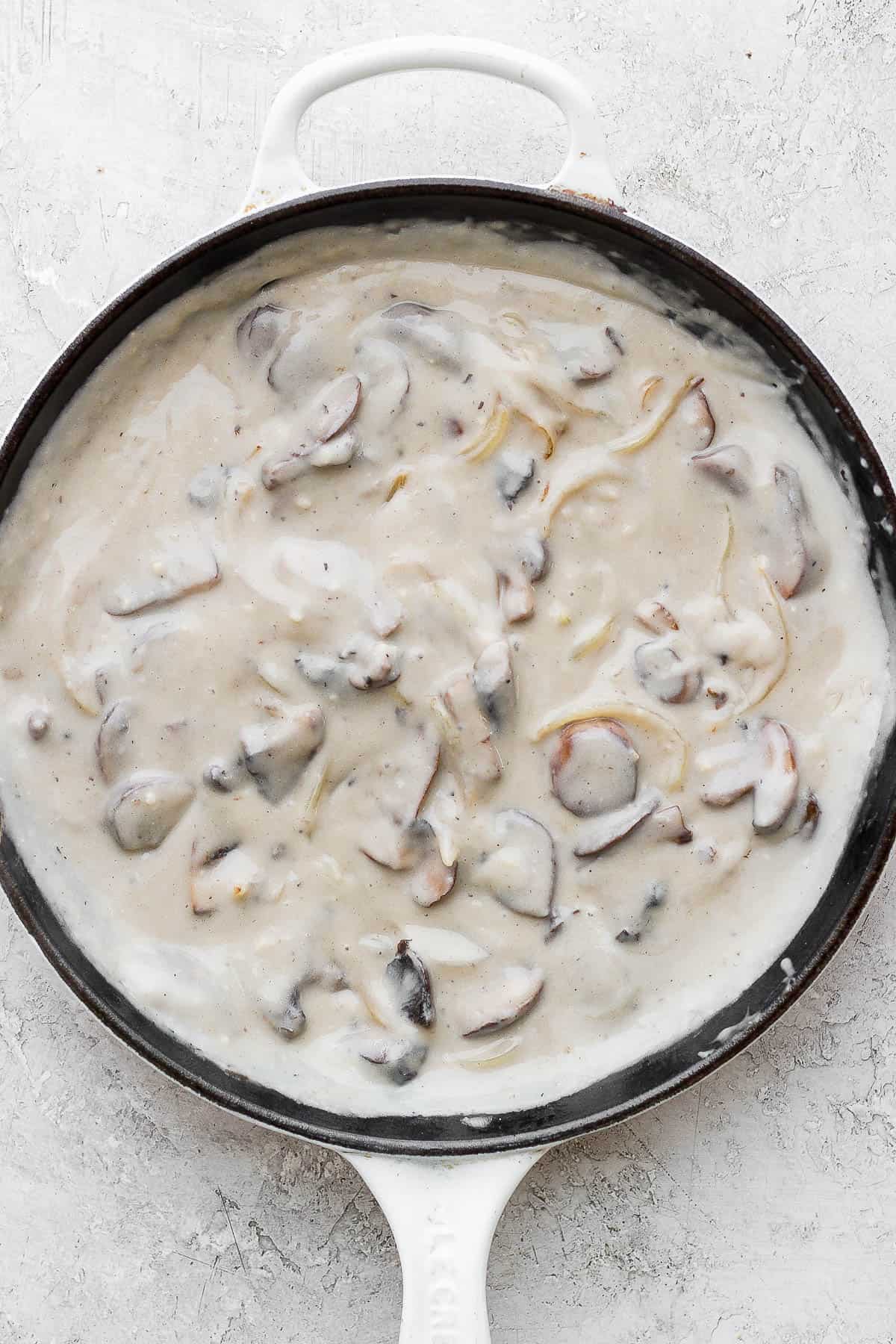 A fully combined creamy mushroom sauce.