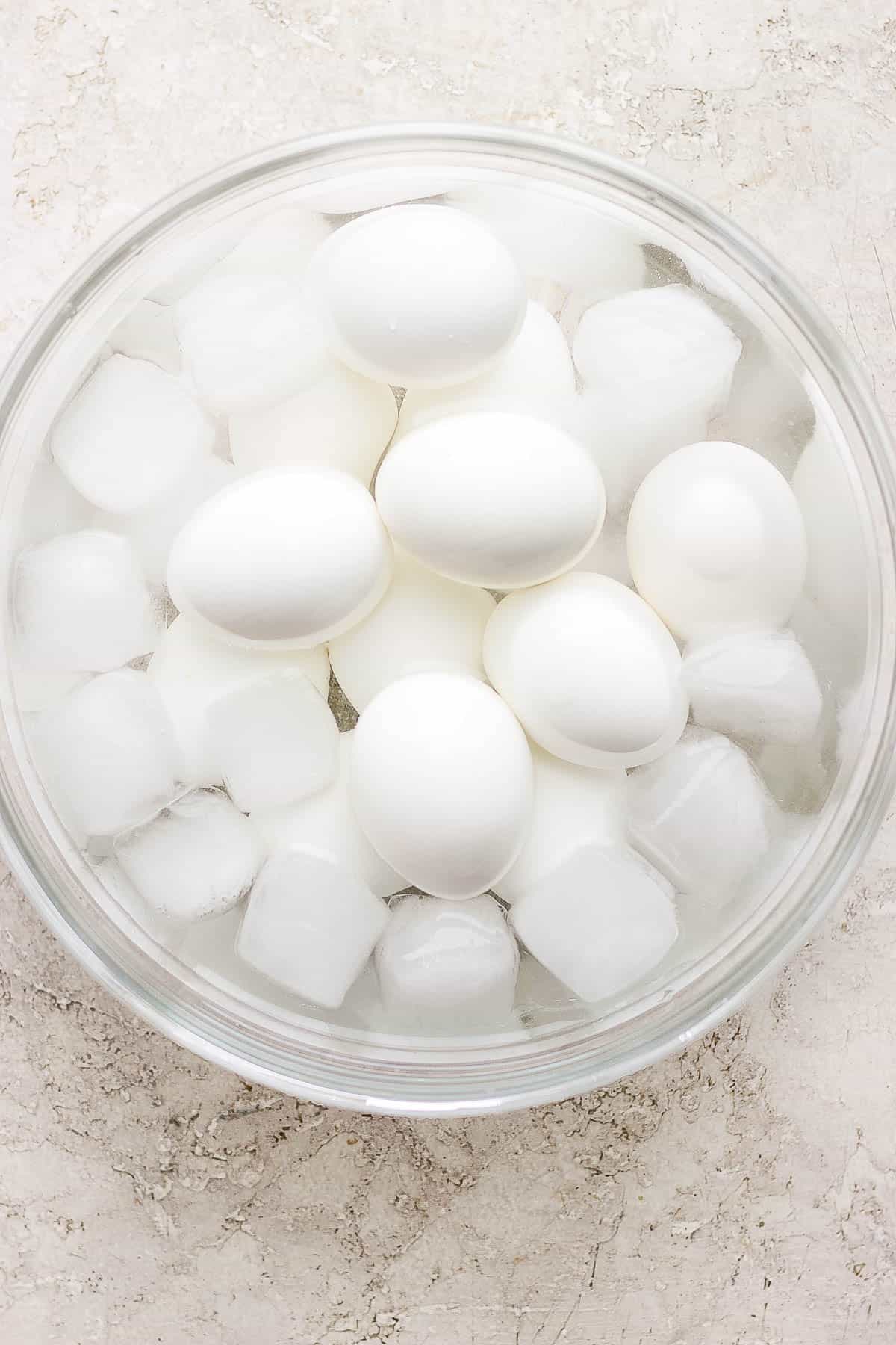 12 eggs in an ice bath.