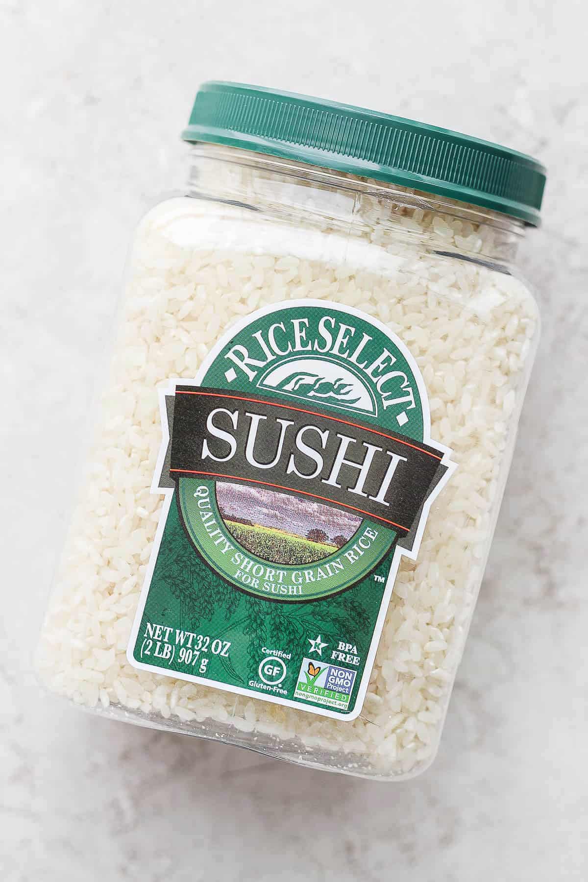 A container of RiceSelect sushi rice.