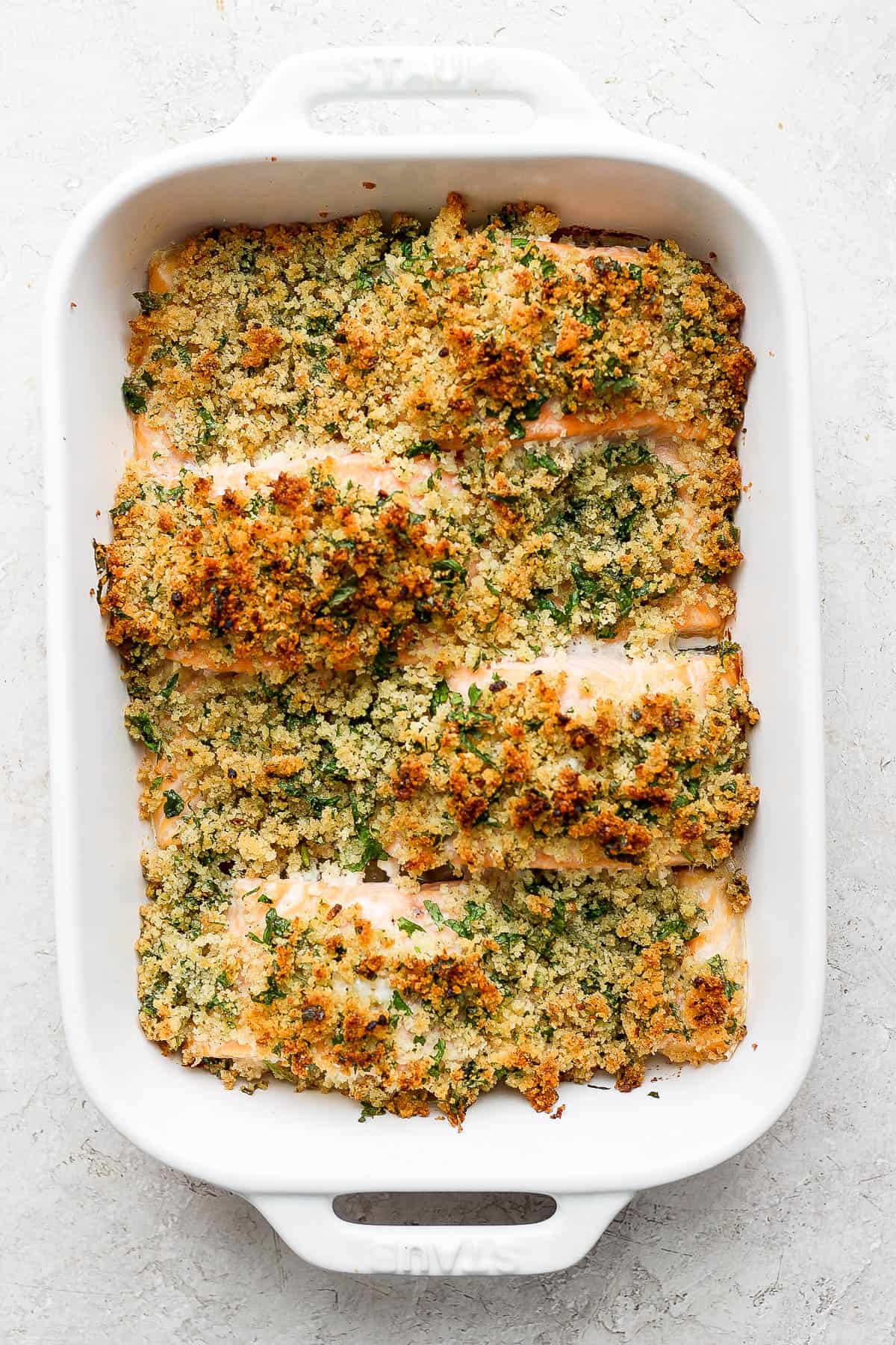 Baked Salmon fillets topped with the panko seasoning mixture.