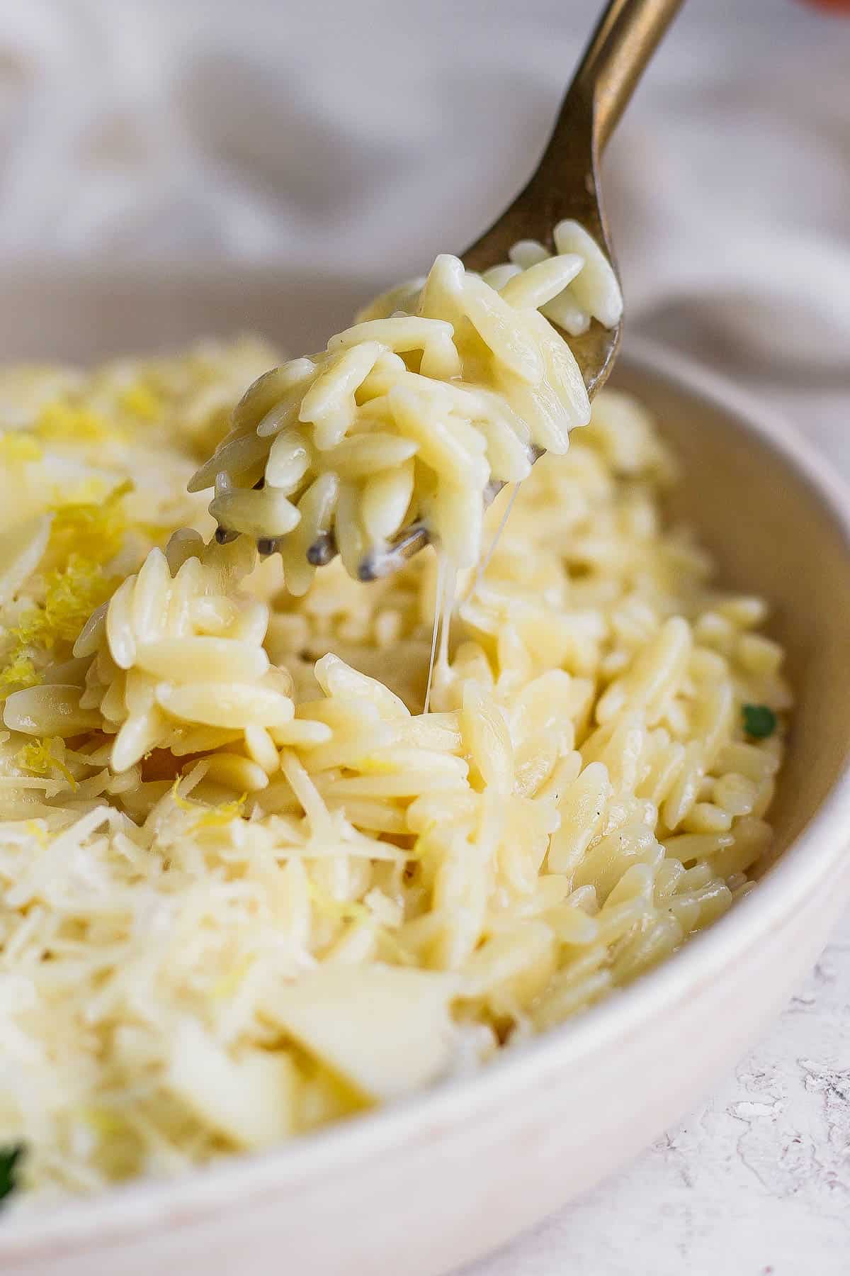 A fork pulling parmesan orzo away from the plate.