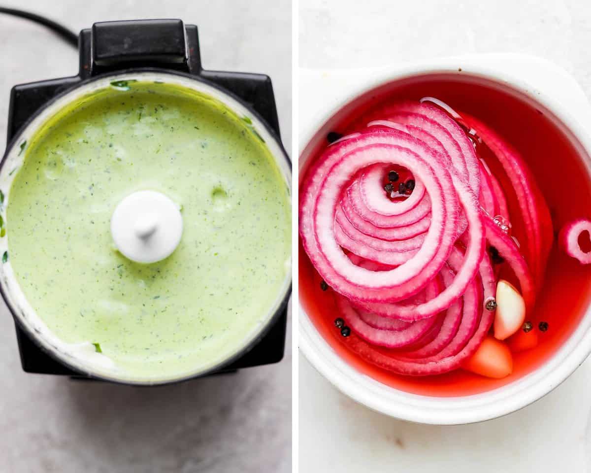 Two images showing the green goddess dressing in a food processor and pickled red onions in a bowl.