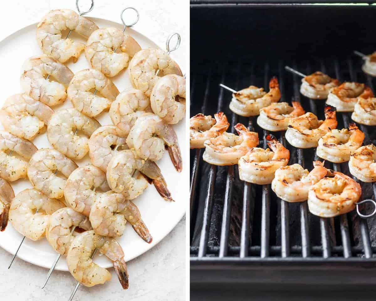 Two images showing shrimp on skewers before cooking and then on the grill.