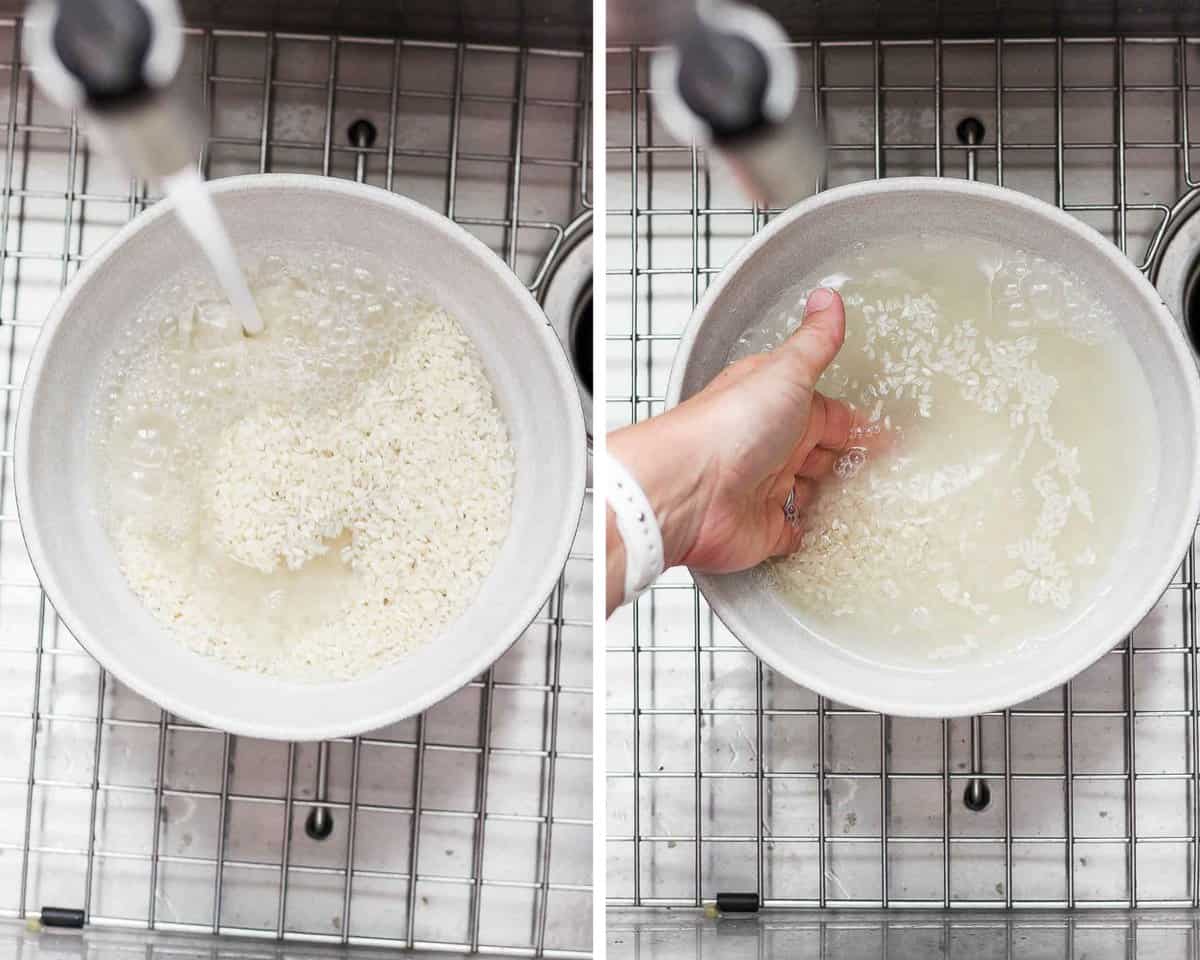 Two images showing water being added to a bowl of sushi rice and then a hand moving the rice around in the bowl.