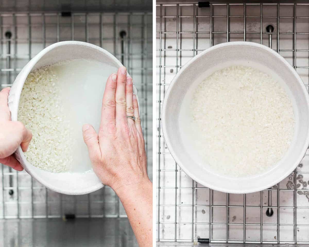 Two images showing a hand draining the cloudy water from the rice and then water basically clear after rinsing the rice.