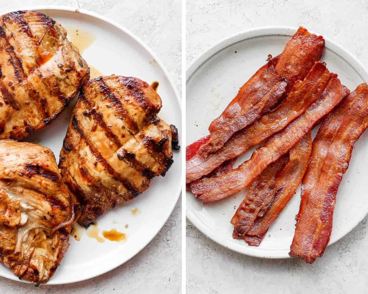 Two images showing grilled chicken breasts and cooked bacon.