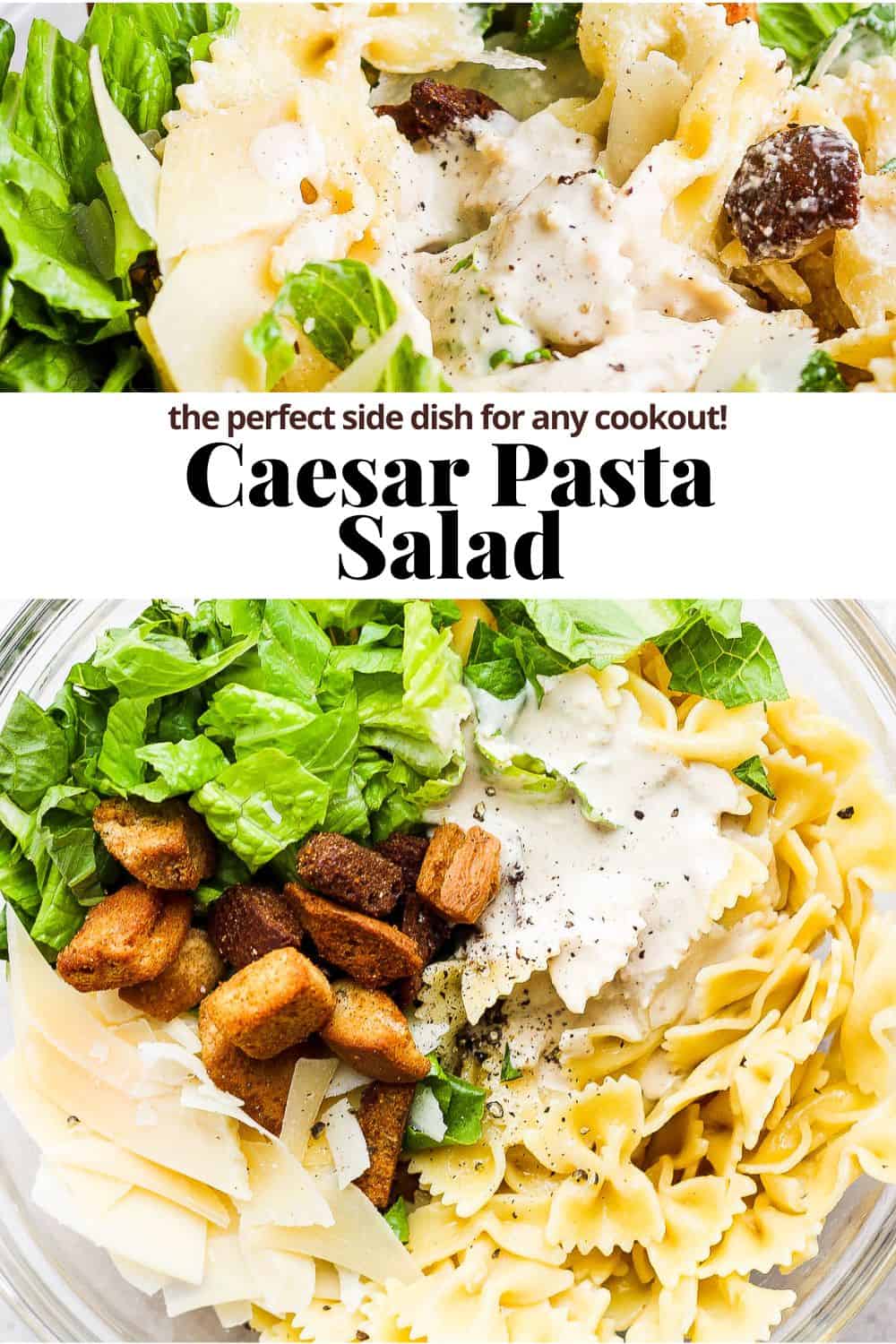 Pinterest image for caesar pasta salad.
