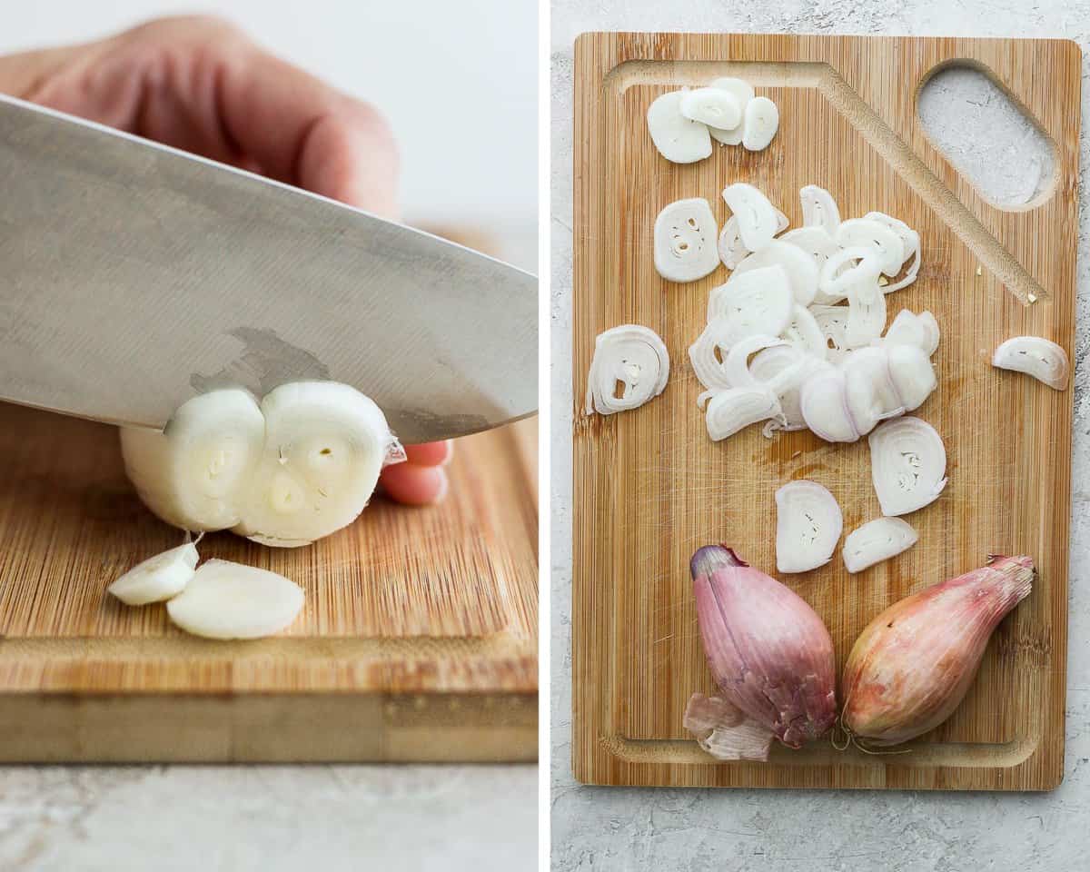 Two images showing a knife slicing a shallot and then the sliced shallots on a cutting board.