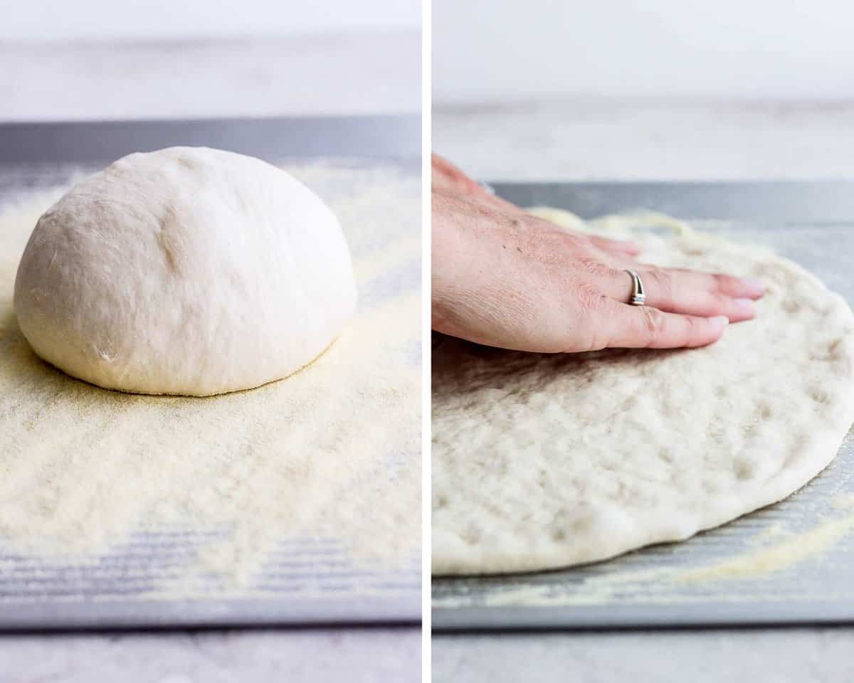 Two images of pizza dough on semolina flour and two hands pushing the dough out.