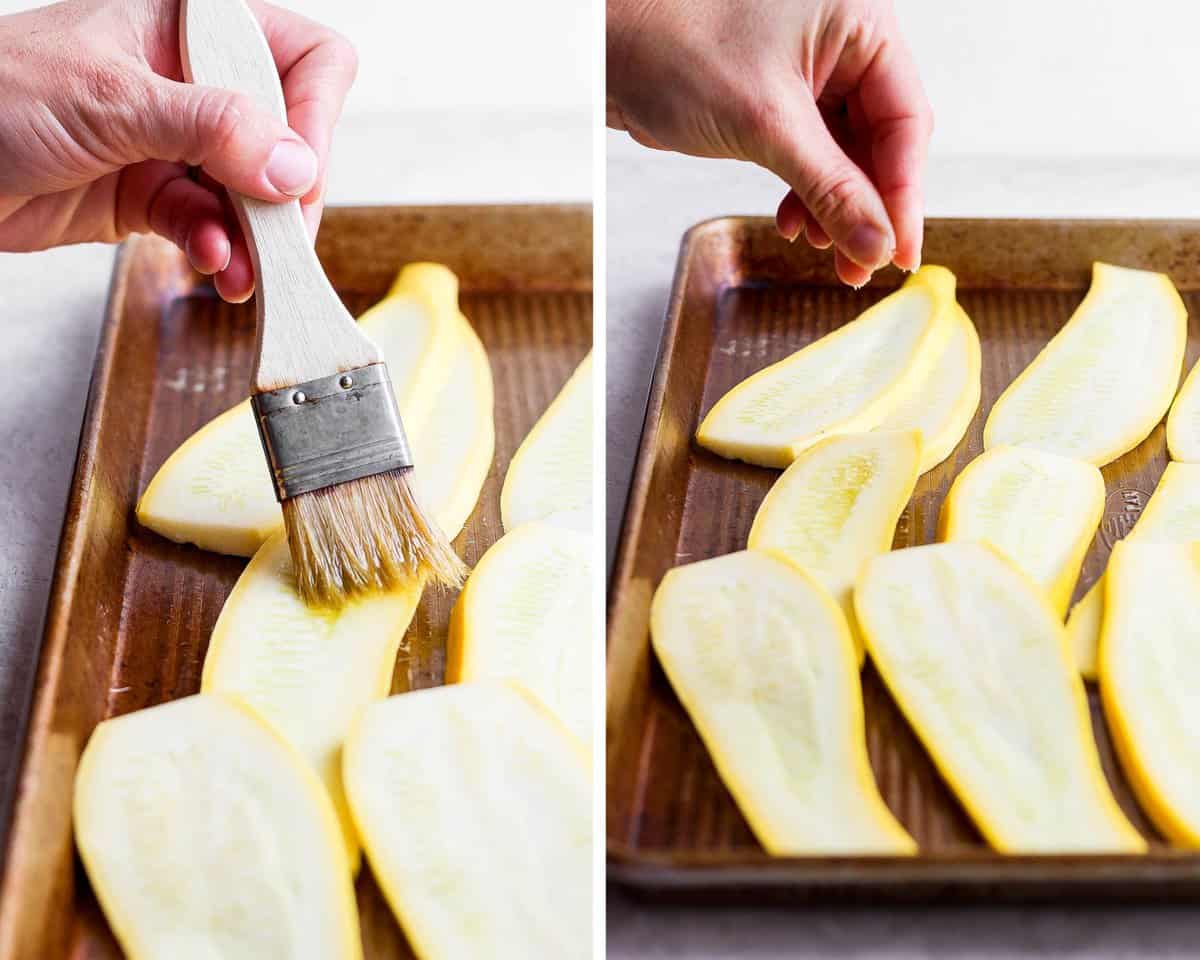 Two images showing the squash being brushed with olive oil and salt sprinkled on top.