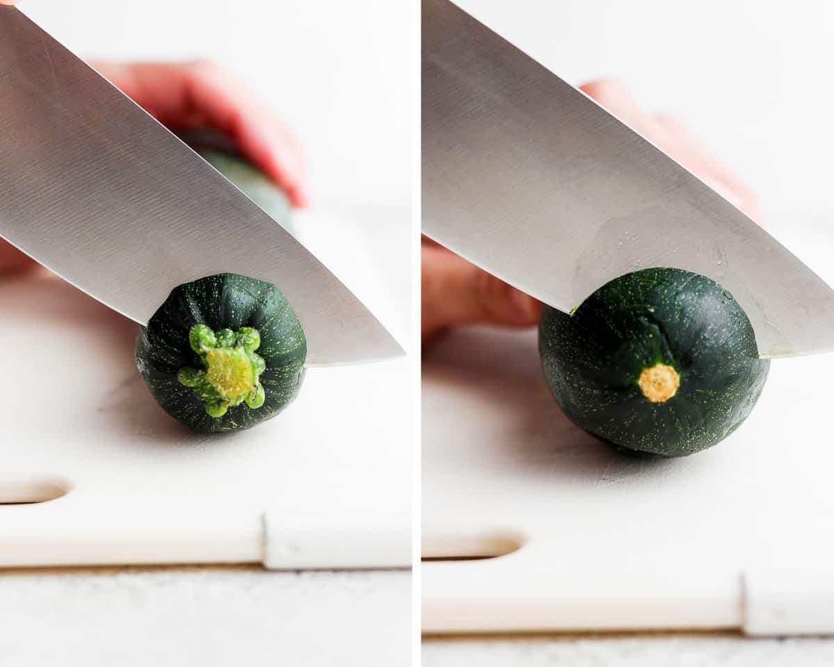Two images showing the ends being cut off of a zucchini.