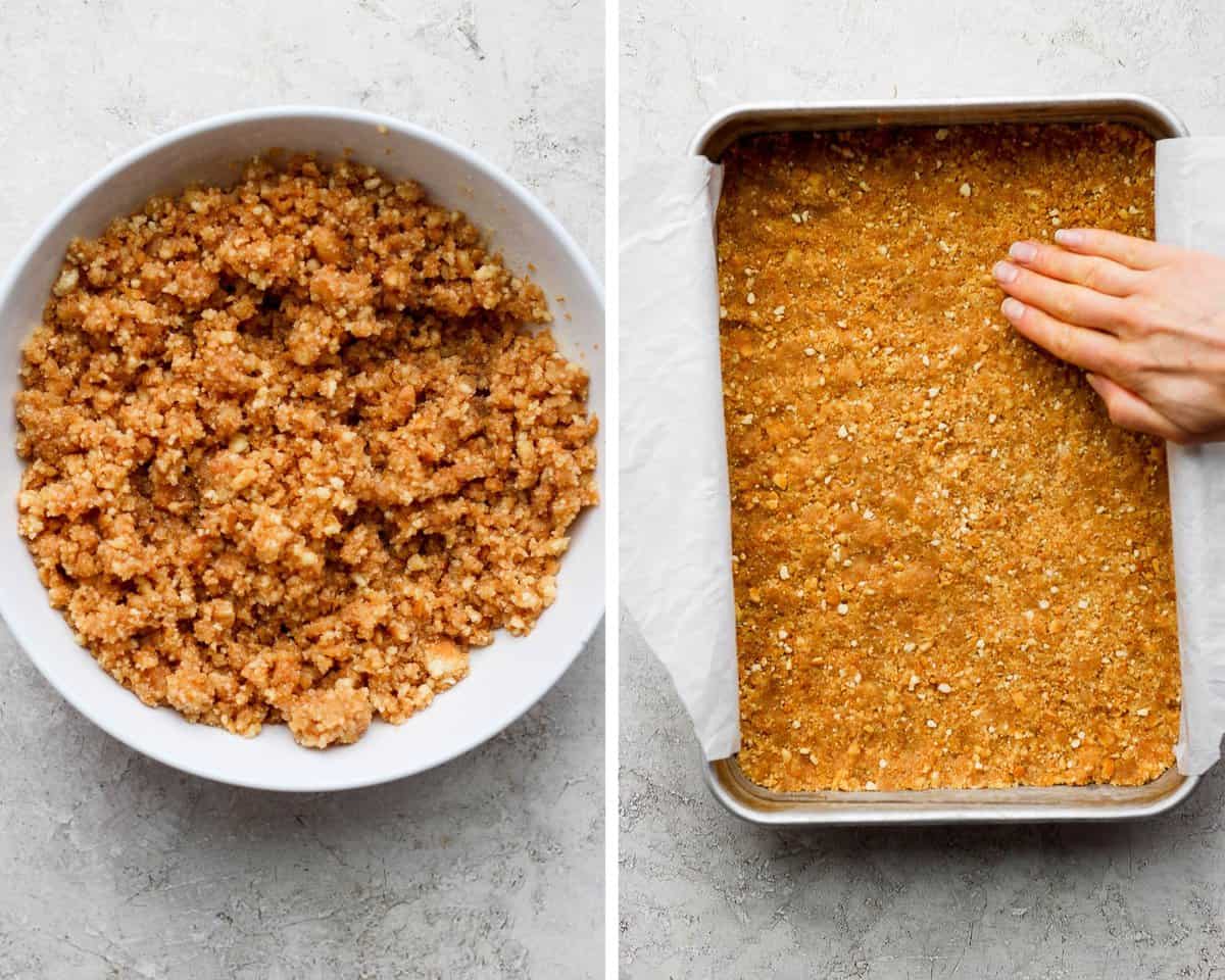 A side by side photo showing a bowl with the butter and crushed vanilla wafters mixed together in a bowl.  The photo next to it shows that same mixture pressed down to create a crust in the bottom of a baking pan that is lined with parchment paper.