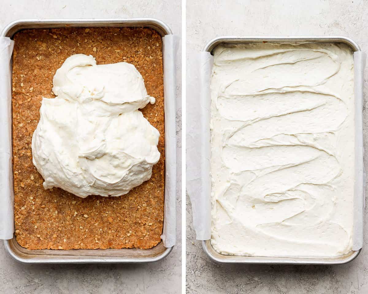 The cream cheese/cool whip mixture evenly spread on top of the crust in the baking sheet.