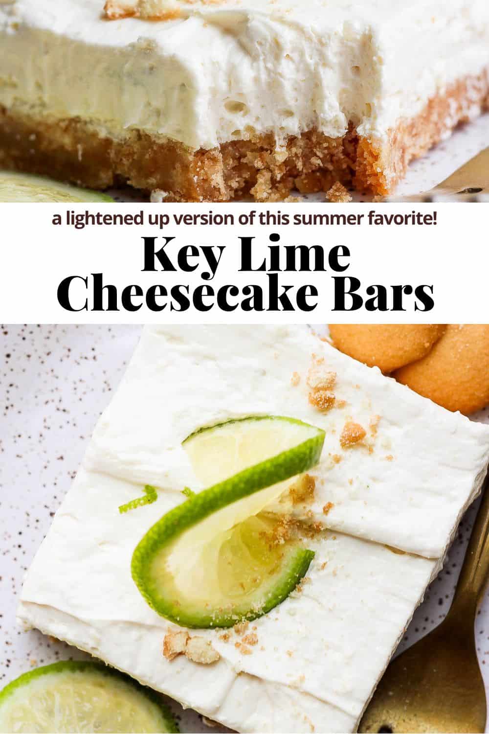 Pinterest image showing a piece of key lime cheesecake on a plate.
