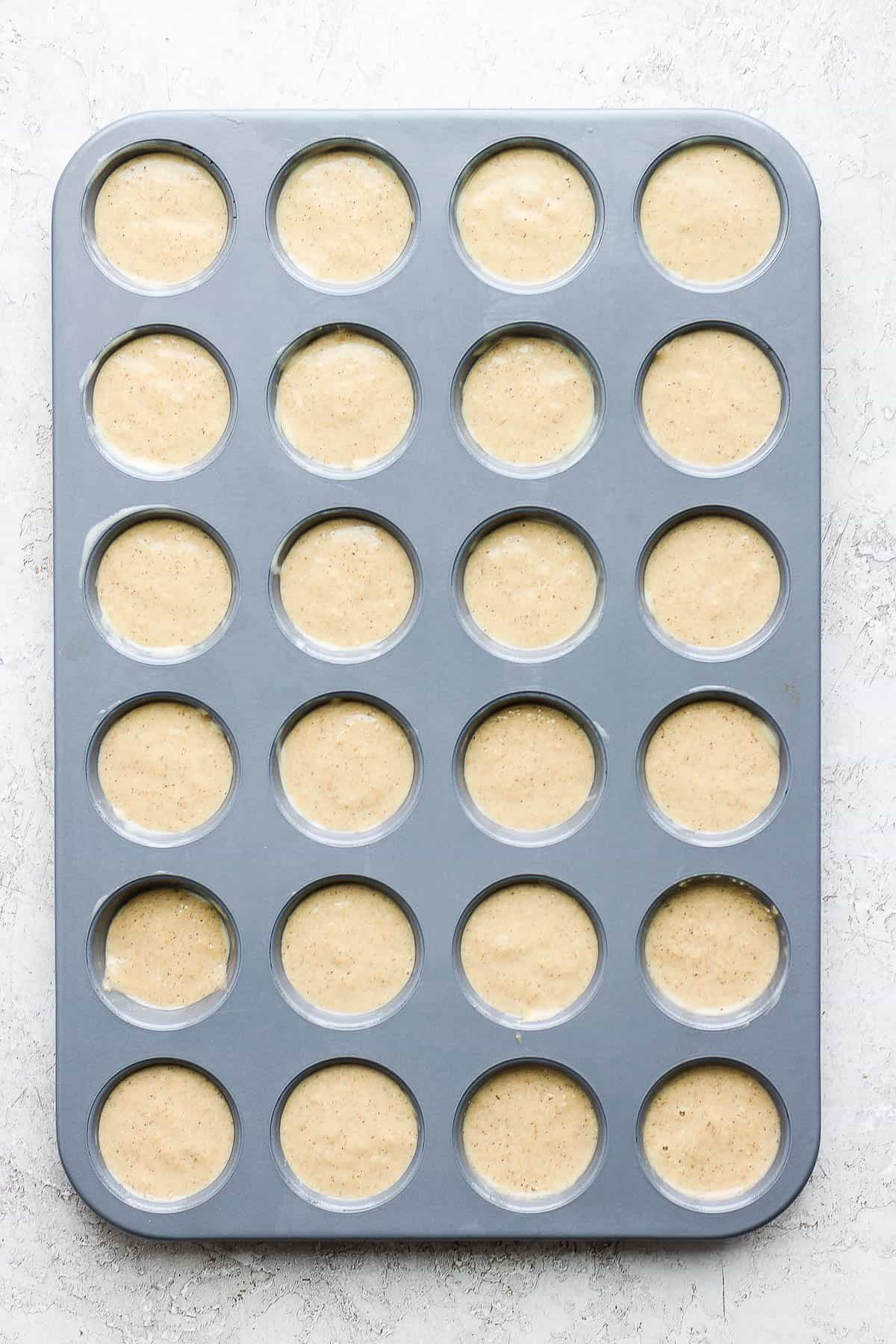 The pancake batter poured into mini muffin tins.