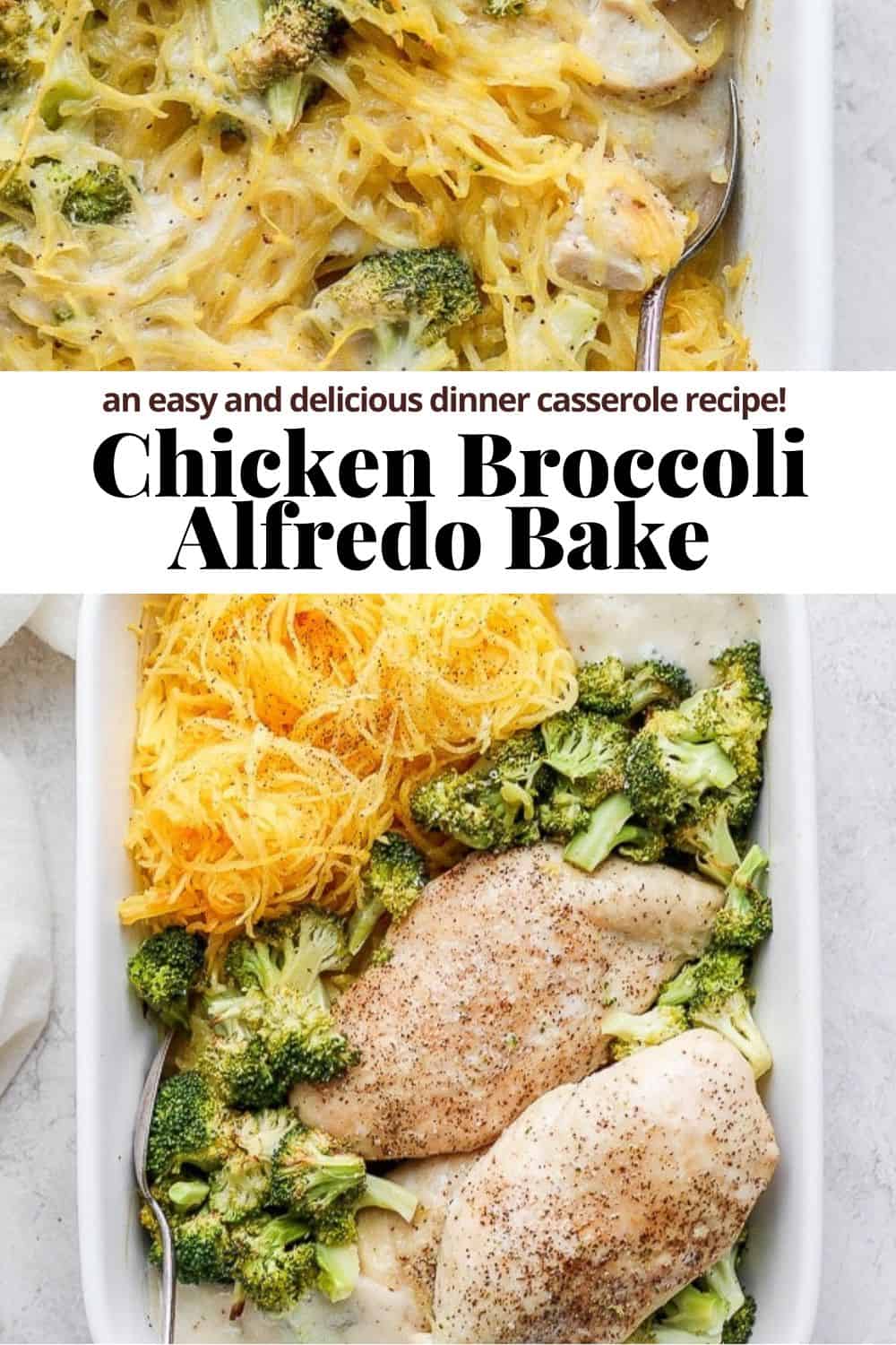 Pinterest image for chicken broccoli alfredo bake.