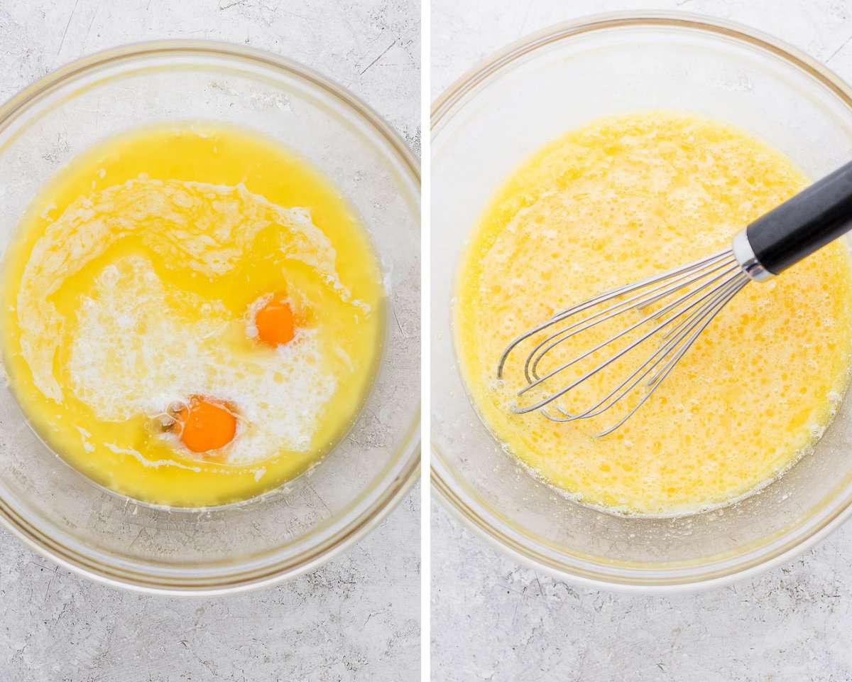 Two images showing the wet ingredients in a bowl and then whisked together.