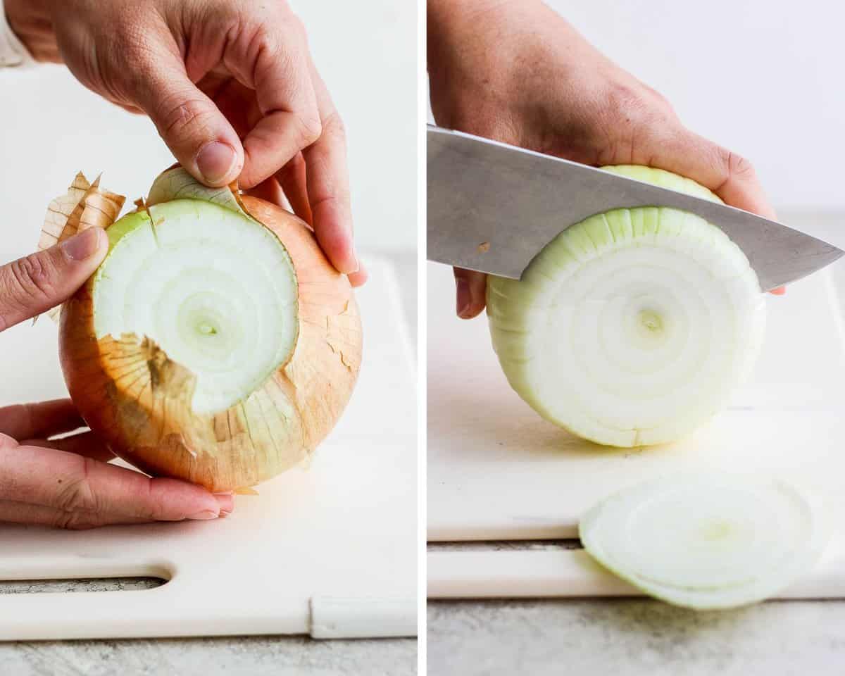 Two images showing an onion being peeled and then cut into slices.