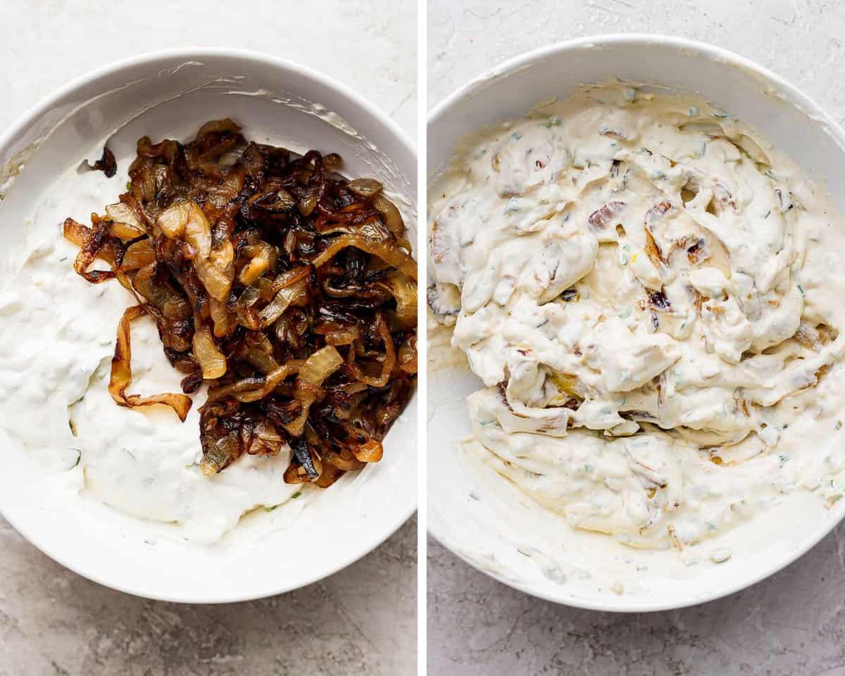 Two images showing the caramelized onions added to the bowl and then the dip fully mixed.