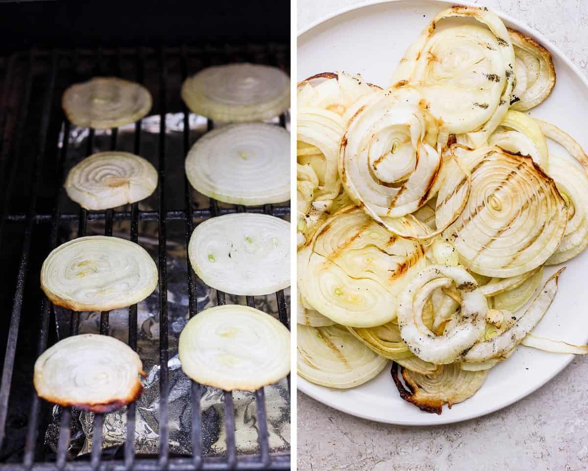 Onion slices on the smoker and then smoked onions on a white plate.