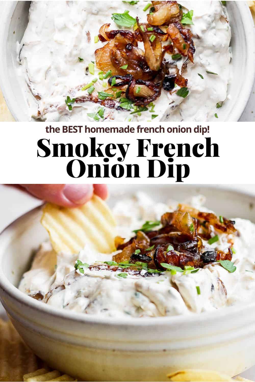 Pinterest image for smokey french onion dip.