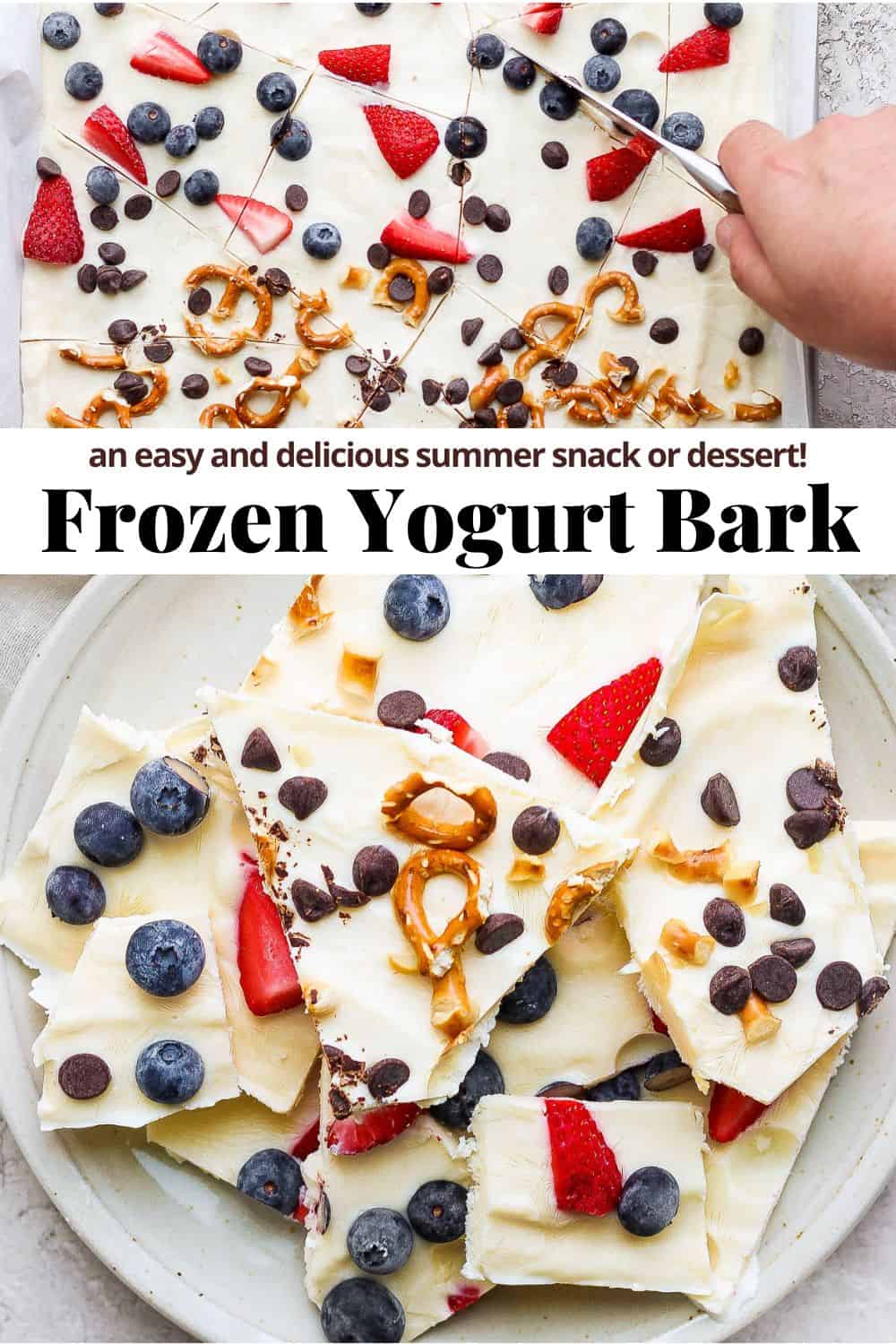 Pinterest image that reads "an easy and delicious summer snack or dessert! Frozen Yogurt Park" with photos of a plate full of frozen yogurt bark pieces.
