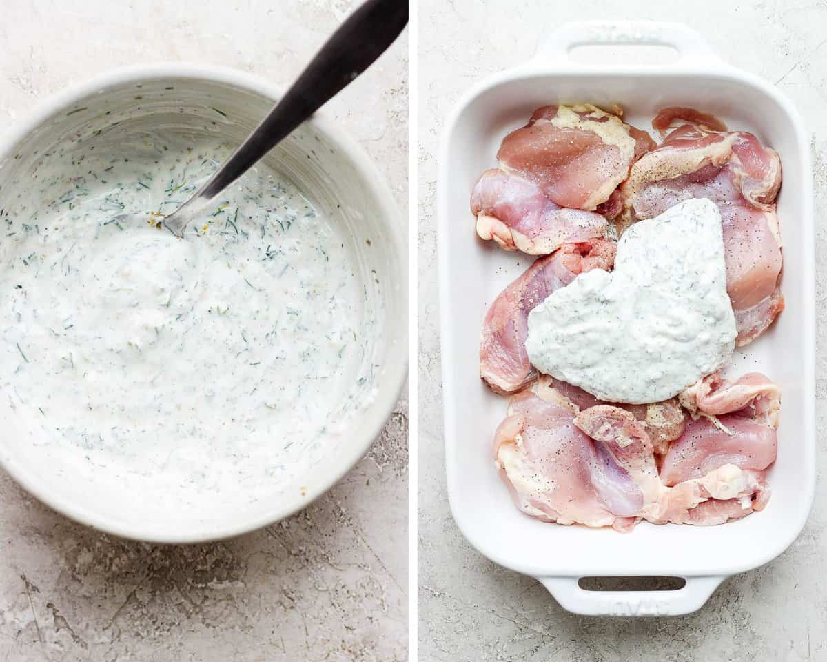 The left photo shows the greek yogurt marinade in a medium sized bowl mixed together.  The photo on the right shows raw chicken breasts in a casserole dish with the marinade placed on top.