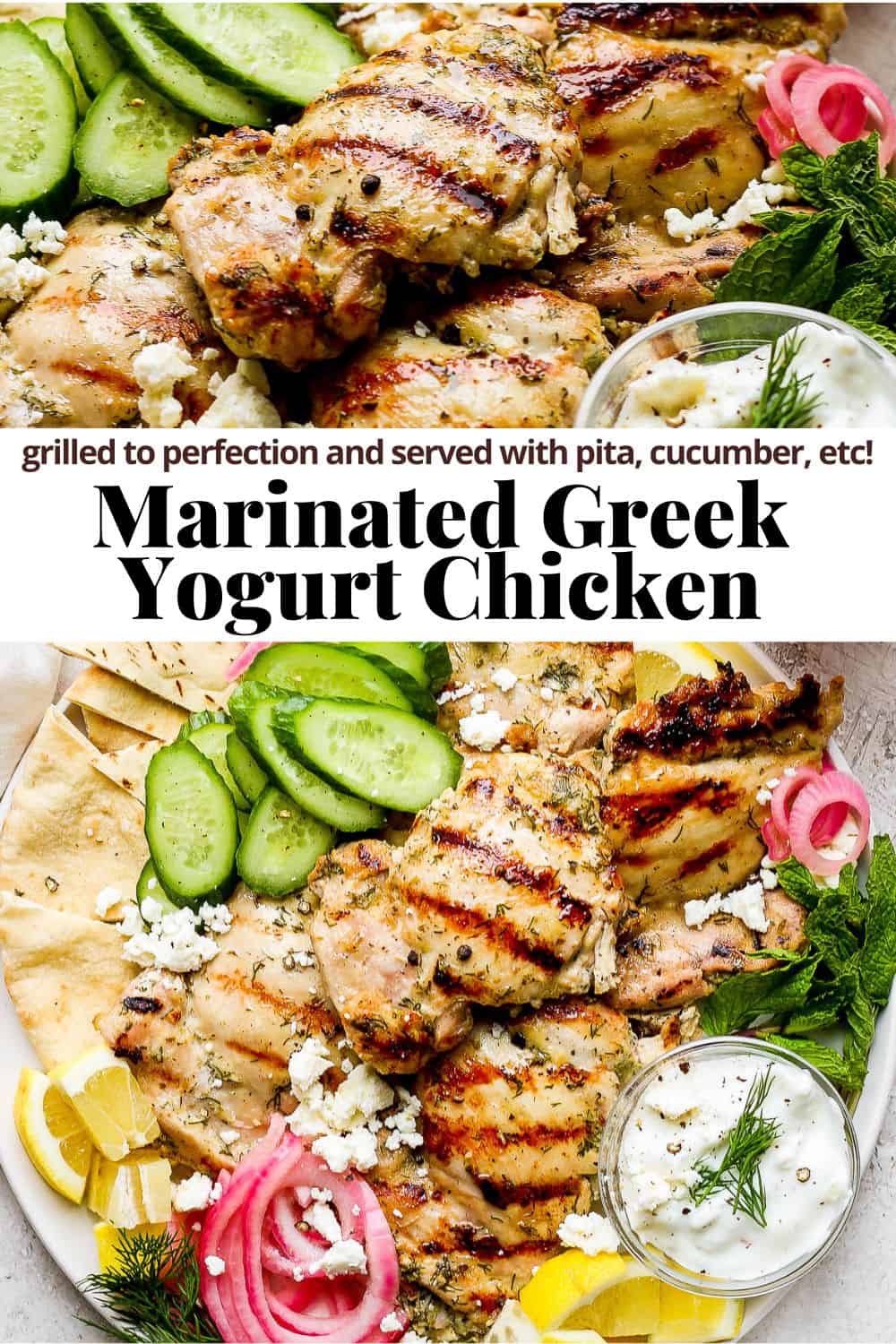 Grilled greek yogurt chicken garnished with cucumber wedges, pickled onion, tzatziki sauce, lemon wedges, crumbled feta, and fresh dill and mint.