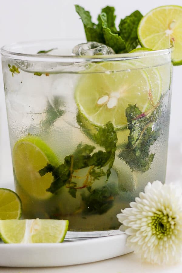 Straight on shot of a glass of mojito on a white plate with a flower next to it. The mojito has mint sticking out of it and a lime on the rim.