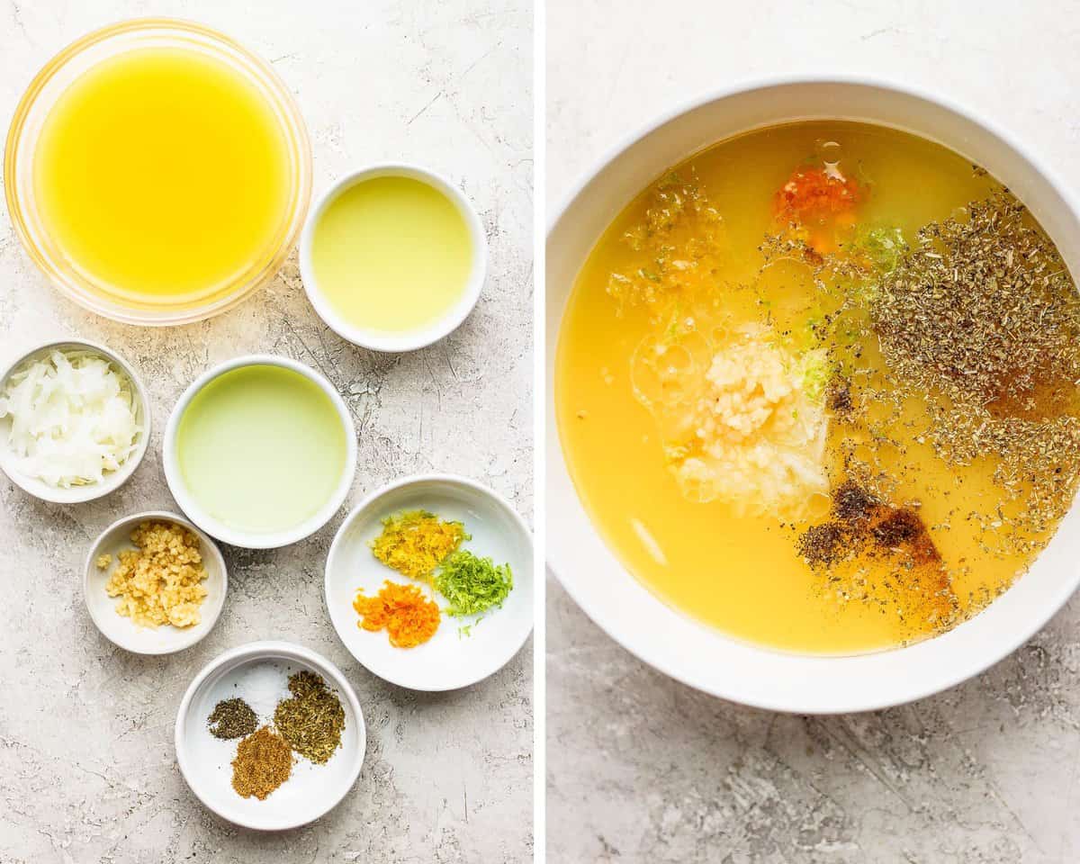 Two images showing the mojo marinade in separate bowls and then combined in one bowl.