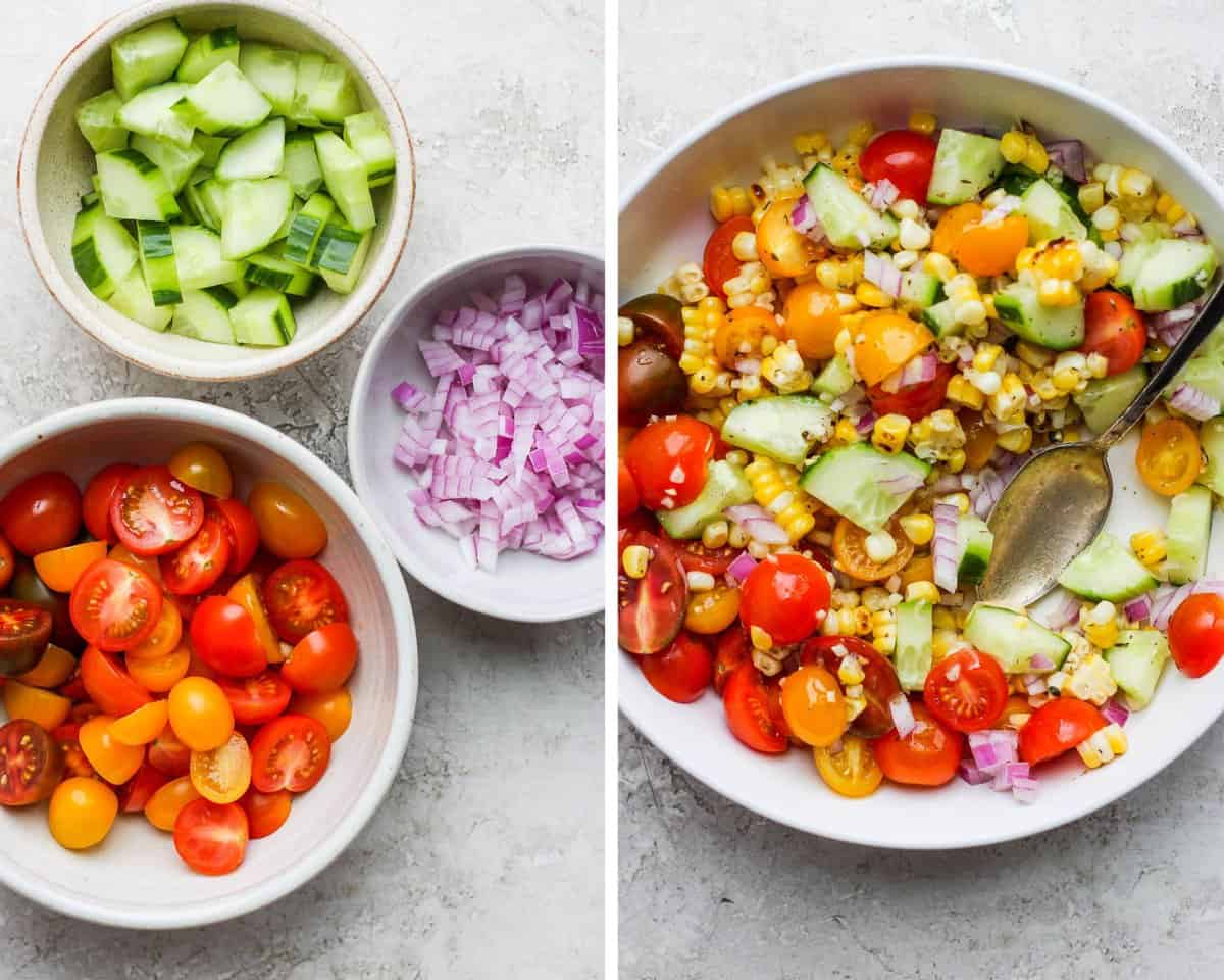 Two images showing the prepped fresh ingredients in separate bowls and then all mixed together with the dressing in a larger bowl.