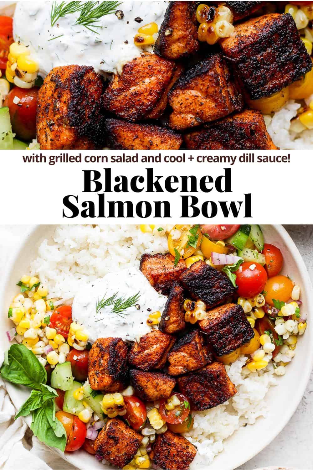 Pinterest image for blackened salmon bowl.