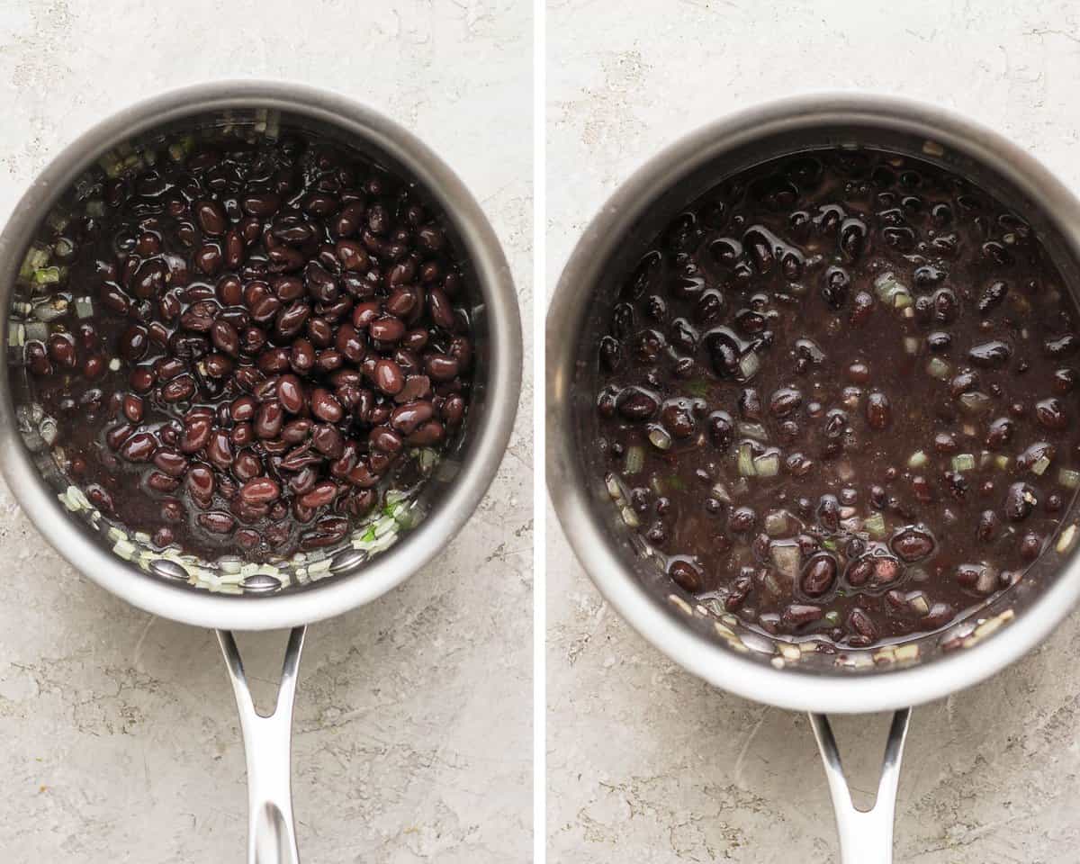 Beans and spices added into the pan.