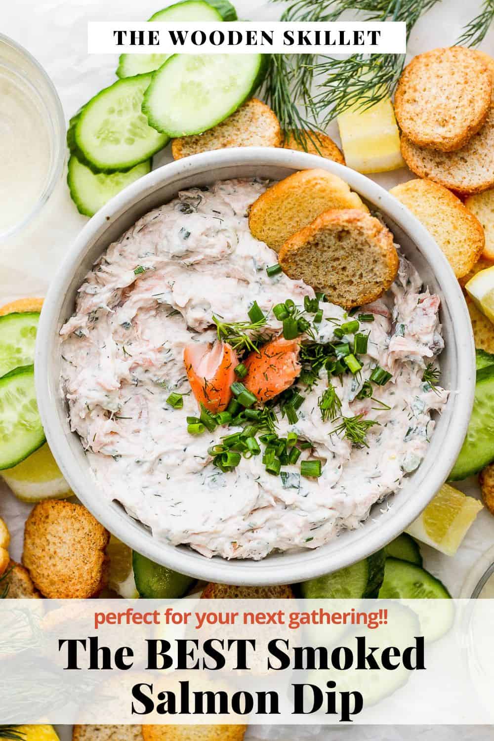 Pinterest image showing a bowl of smoked salmon dip.