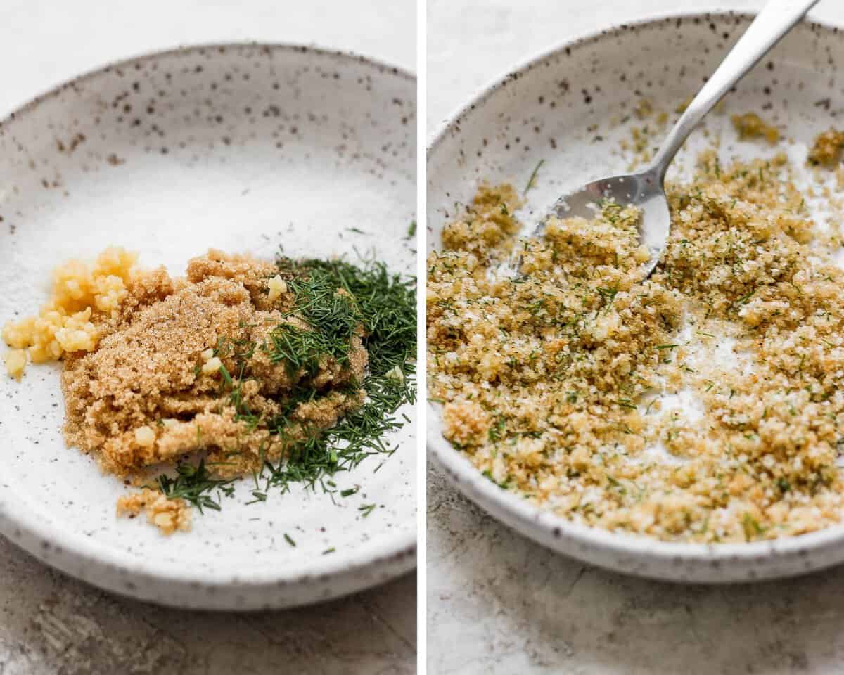 Two images showing the dry brine ingredients in a bowl and then mixed together.